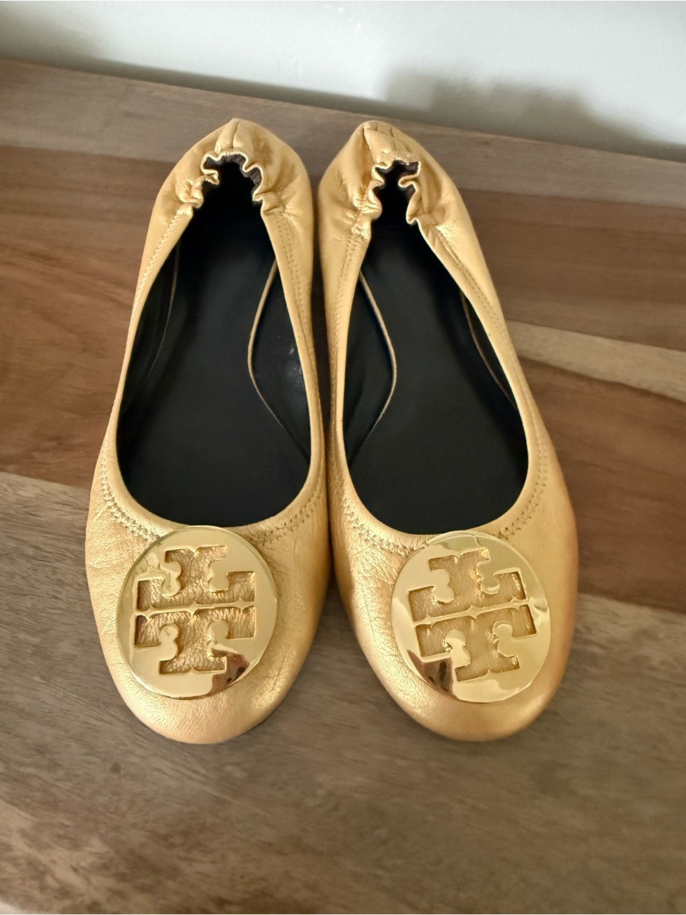 Tory Burch Metallic Gold Leather Logo Ballet Flats